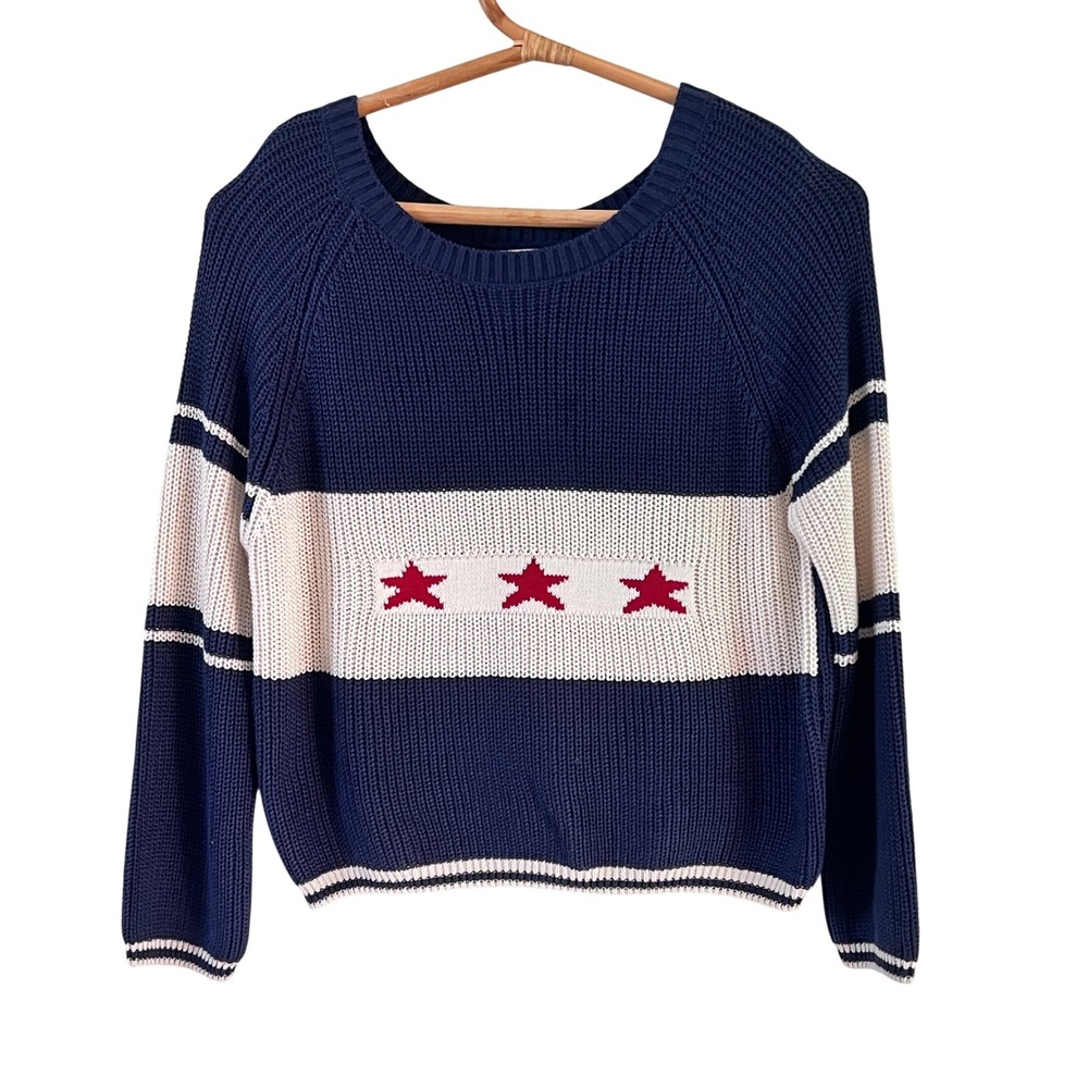 Vigoss Sweater XL Womens Americana Star Striped Shaker Knit Navy Blue Patriotic
